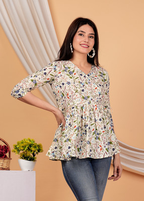 MOLICO Casual Floral Print Women Blue Top