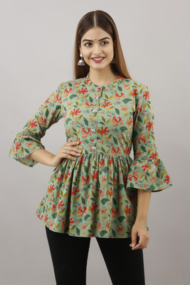 Sawara fashion Casual Floral Print Women Green Top