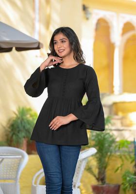 Yash Gallery Casual 3/4 Sleeve Solid Women Black Top