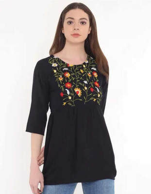 BPT DESIGNER Casual Embroidered Women Black Top