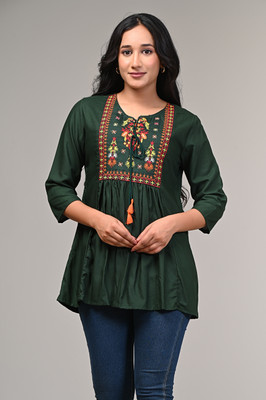 khwaishein Casual Embroidered Women Green Top