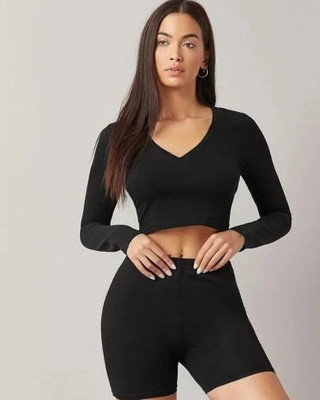 Omment Casual Solid Women Black Top