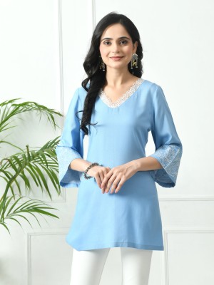 Meesan Casual Solid Women Light Blue Top