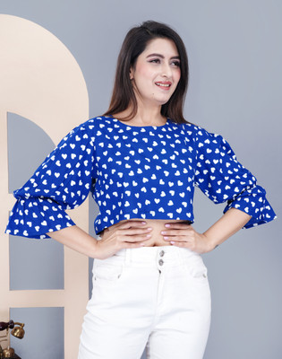 LH HANDICRAFTS Casual Printed Women Blue, White Top