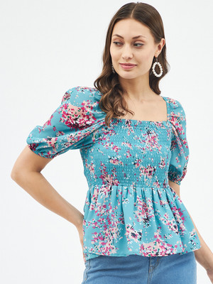 HARPA Casual Floral Print Women Blue Top