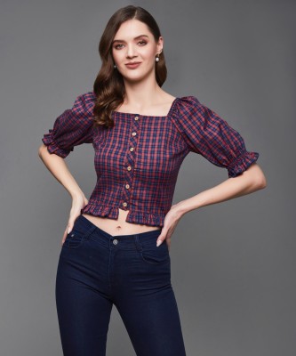 Miss Chase Casual Checkered Women Pink, Dark Blue Top
