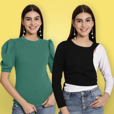 METRONAUT Casual Solid Women Light Green, Dark Green, White Top