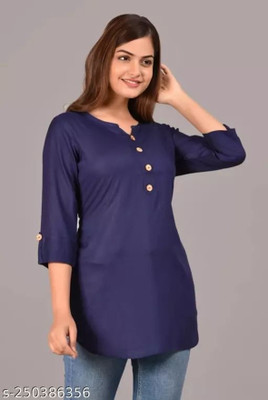 AYUB Casual Solid Women Dark Blue Top