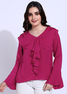 FashFun Casual 3/4 Sleeve Solid Women Pink Top
