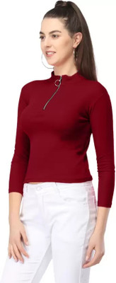 FamBee Casual Solid Women Maroon Top