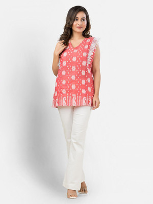 Crazy Needle Casual Floral Print Women Pink Top