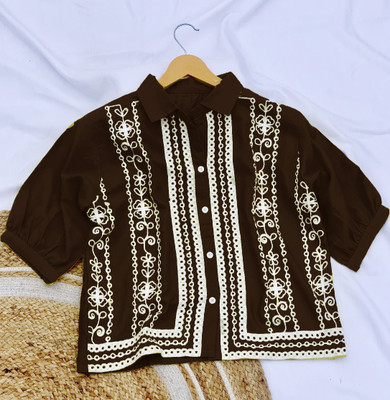 HIR COUTURE Casual Embroidered Women Brown Top
