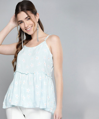 HERE&NOW Casual Floral Print Women Blue Top