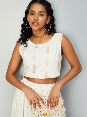 MAX Casual Embroidered Women White, Beige Top