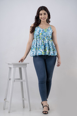 Look Wise Casual Floral Print Women Blue Top