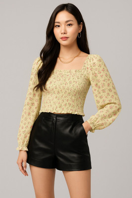 Avyola Party Floral Print Women Yellow Top