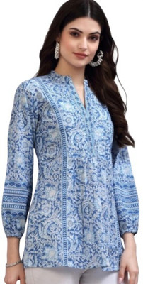 Alluring Women Printed Flared Kurta(Blue, White)