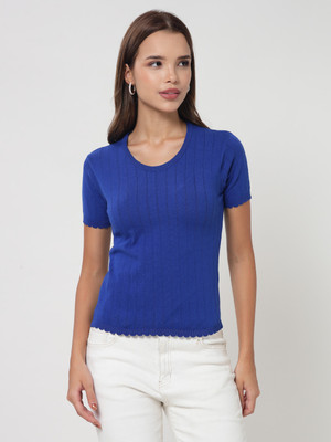 KALT Casual Solid Women Dark Blue Top