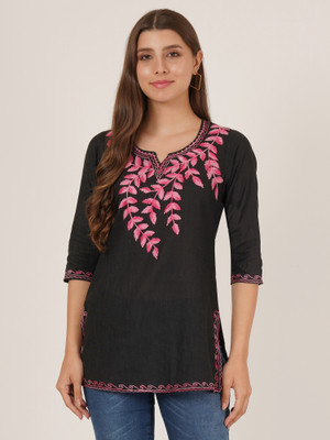 Miss Peach Women Embroidered A-line Kurta(Black)