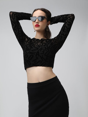 SHOWOFFFF Casual Self Design Women Black Top