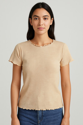 ZyraTrends Casual Self Design Women Beige Top