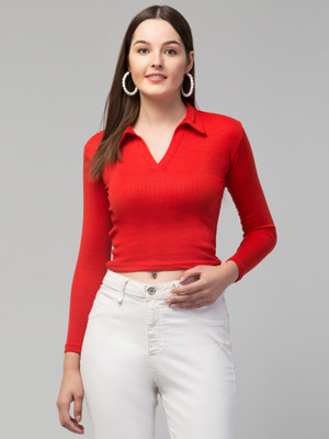 Alveen Empire Casual Solid Women Red Top