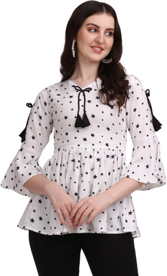 ZELZIS Casual Printed Women White, Blue Top