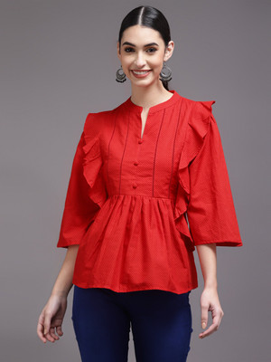 CORA Casual Solid Women Red Top