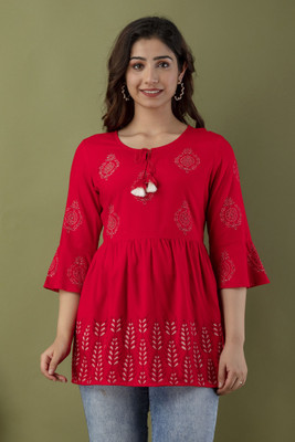 RAABA Casual Floral Print Women Red Top