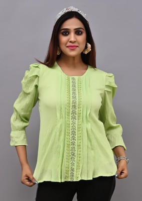 Pushbela Casual Solid Women Green Top