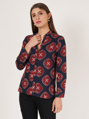 9 impression Casual Printed Women Maroon, Blue Top