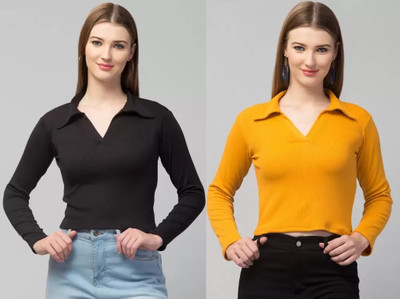 GLADLY Casual Solid Women Black, Yellow Top