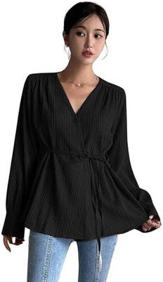 Leriya Fashion Casual Solid Women Black Top