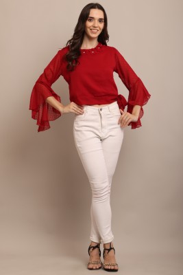 SUPER SERVICES TECHONOGY Casual Self Design Women Red Top