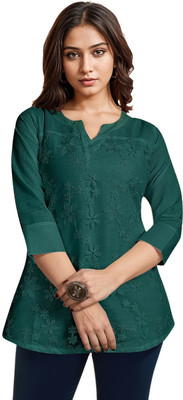 ITS YOU CREATION Casual Embroidered, Floral Print Women Dark Green Top