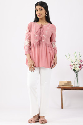 mustard Casual Embroidered Women Pink Top