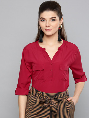 HARPA Casual Roll-up Sleeve Solid Women Red Top