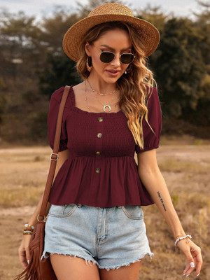 Fery London Casual Solid Women Maroon Top