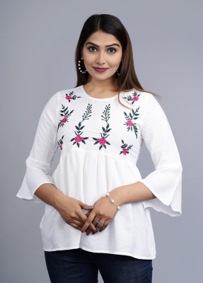 PremanjaliFab Casual Embroidered Women White, Pink, Dark Green Top