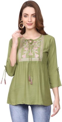 Stylistico Casual Embroidered Women Light Green Top