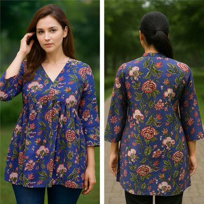 Subhla Art Casual Floral Print Women Dark Blue Top