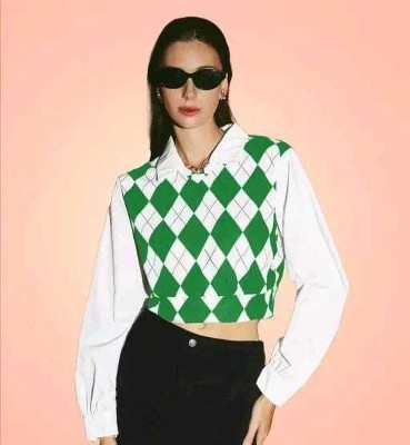 Clothy Casual Printed, Checkered Women Green, White Top