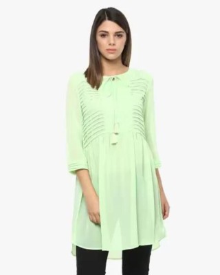 MODA ELEMENTI Casual 3/4 Sleeve Self Design Women Green Top