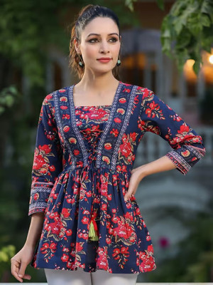 Golden Wings Women Floral Print, Printed Tunic Kurta(Dark Blue)