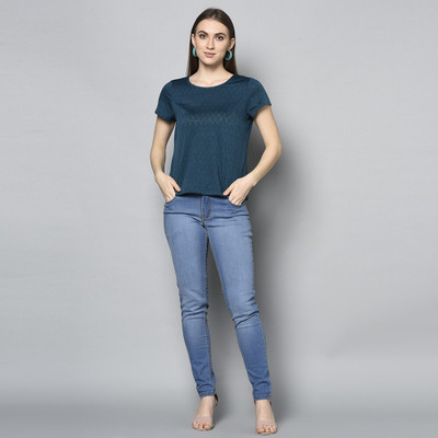 Amadore Casual Short Sleeve Self Design Women Blue Top