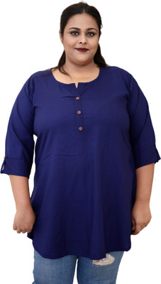 myplusfashion Casual Solid Women Dark Blue Top