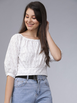 Tokyo Talkies Casual 3/4 Sleeve Solid Women White Top