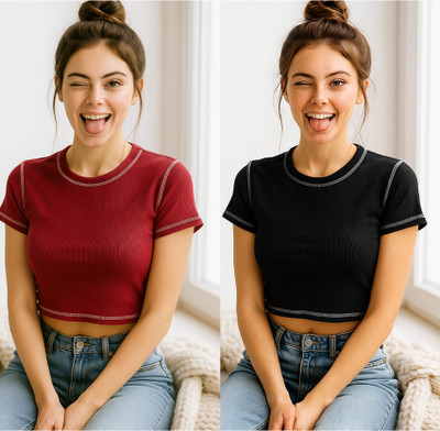 Crezystyl Casual Self Design Women Maroon, Black Top