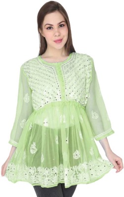 Neelam Chikan Party Embroidered Women Light Green Top