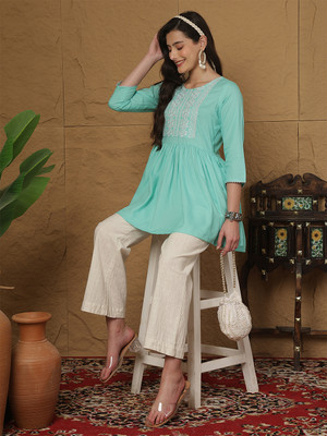 GLAM ROOTS Casual Embroidered Women Green Top